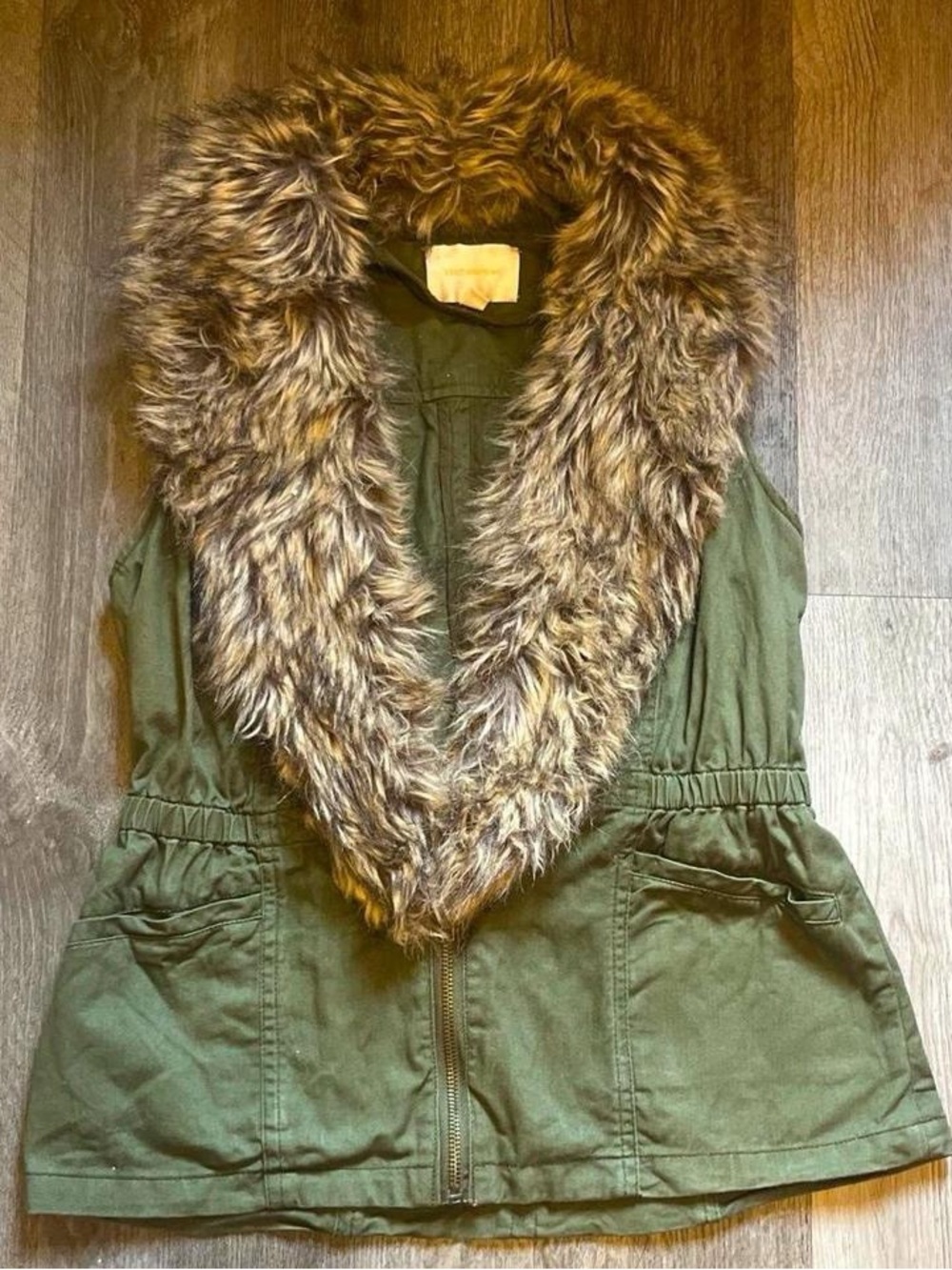 Skies Are Blue Olive Green Utility Vest with Faux Fur Collar